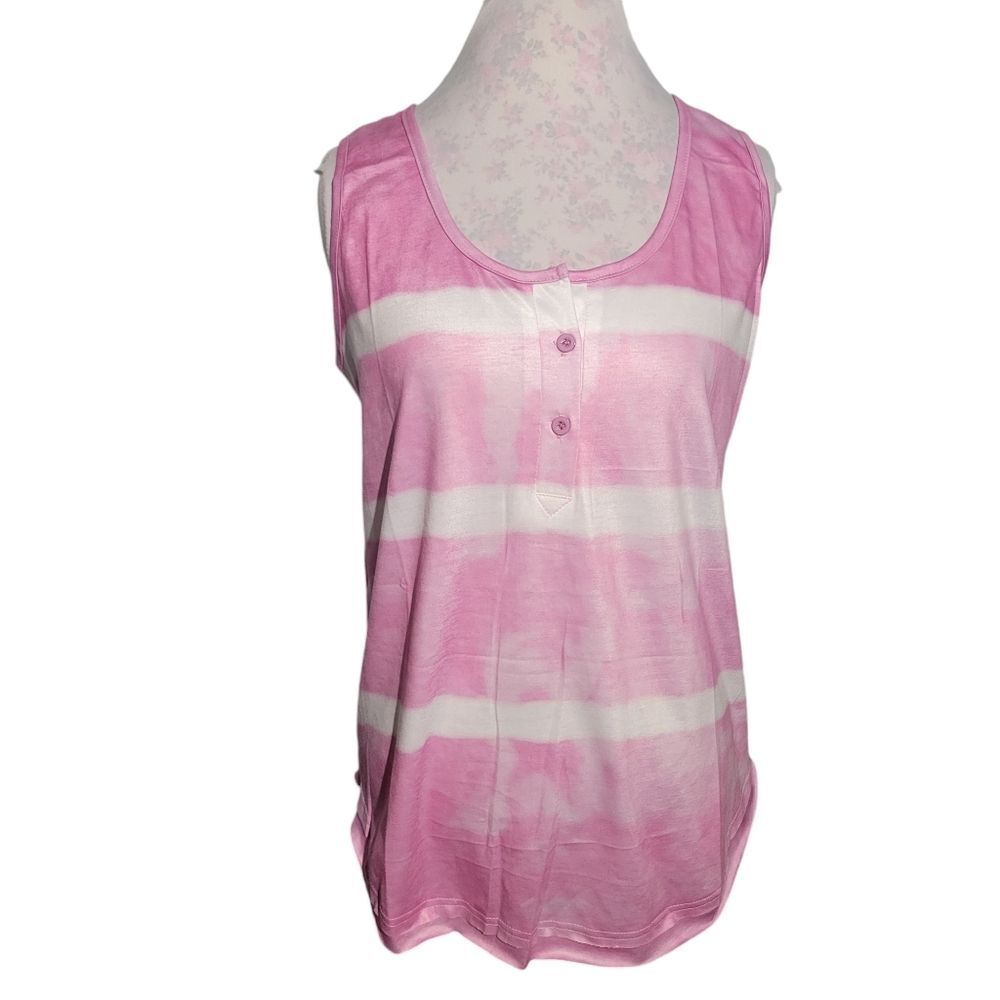 Women's Striped Sleeveless Henley Button Down Tank Top - L NWOT - Picture 3 of 7